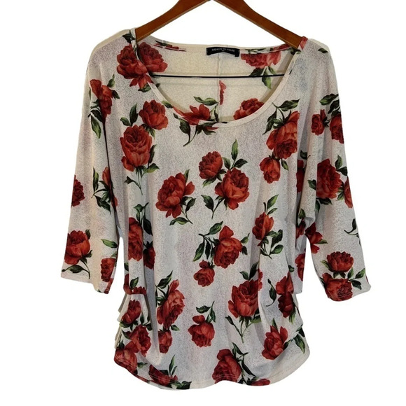 Fashion to Figure Rose Floral Pattern Blouse Size 3X Ruched Sides Thin Stretchy - Picture 1 of 6